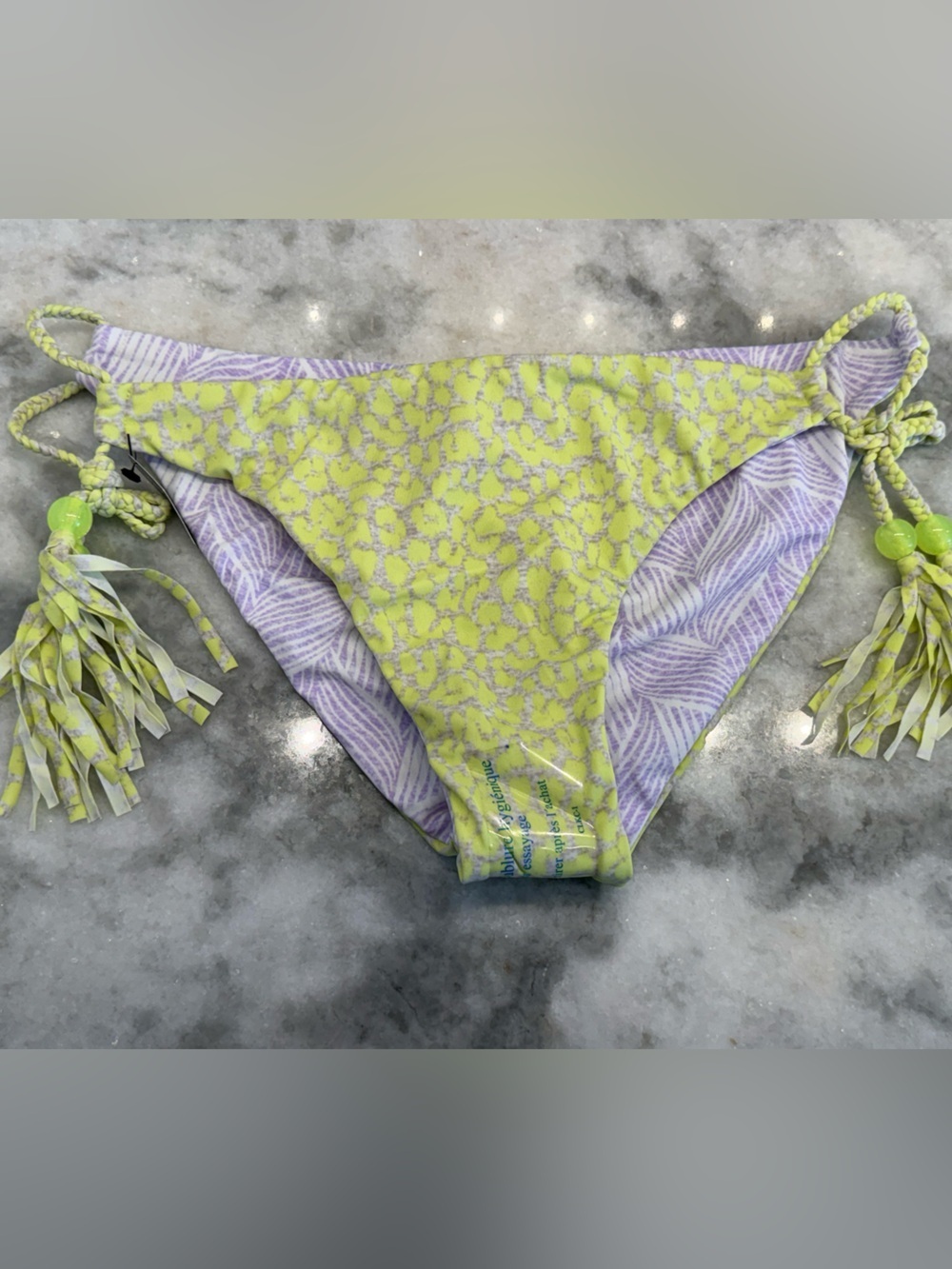 REVERSIBLE Victoria’s Secret Bottom Lime Lavender Tassel Beaded Euro Summer - Picture 4 of 4